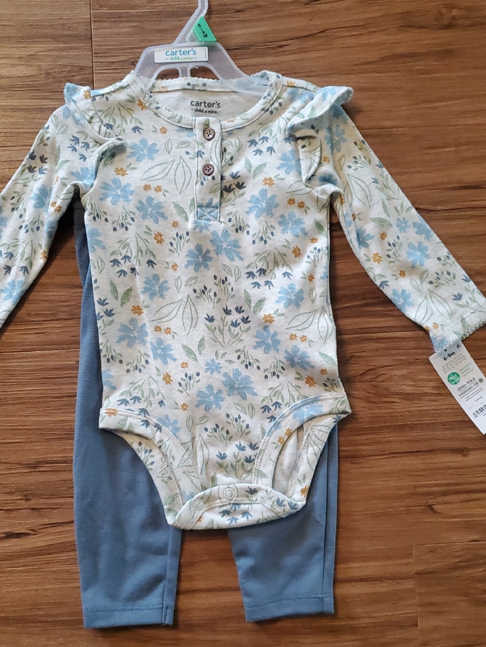 Carter's Cream Floral Long-Sleeve One-Piece with Blue Leggings
